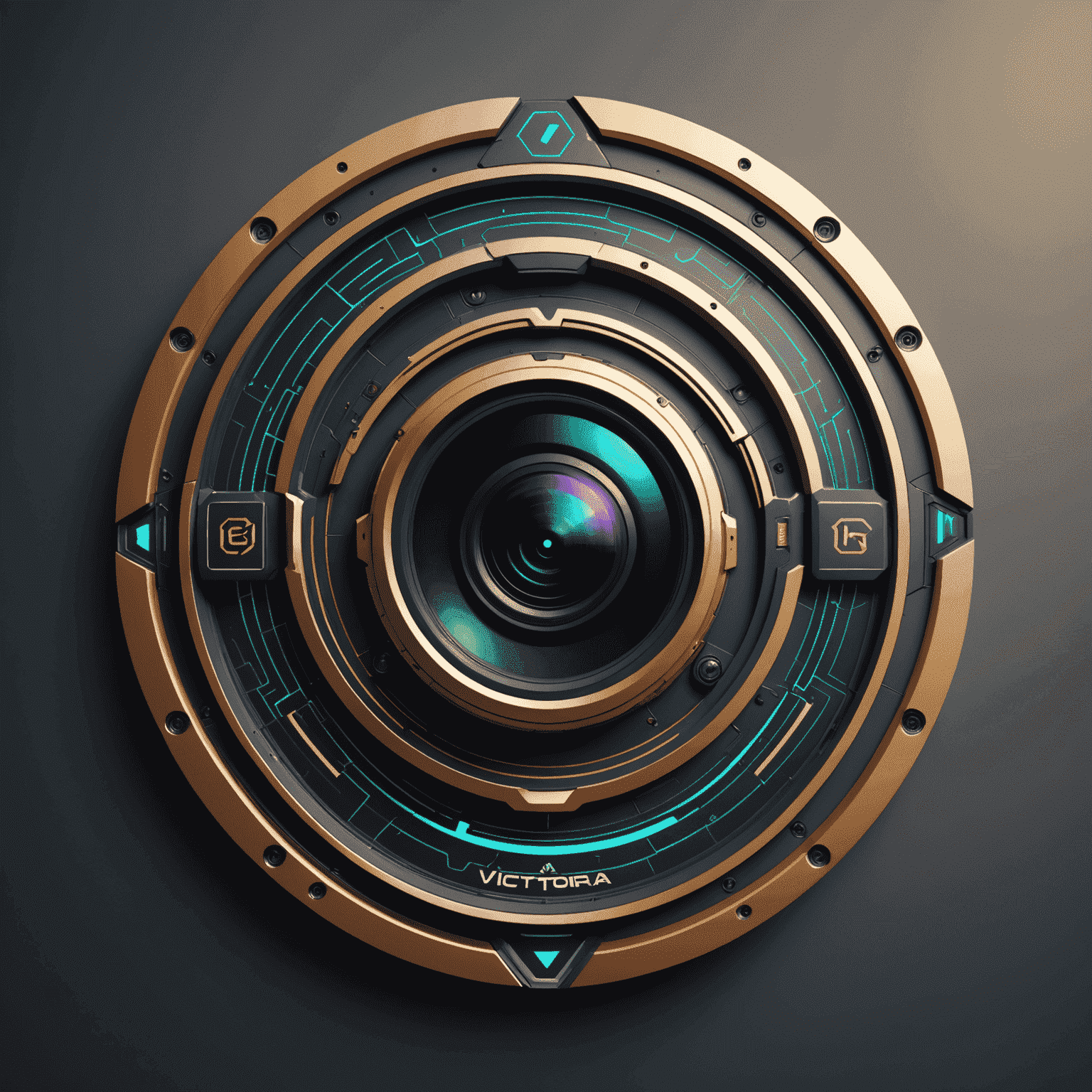 VictoryArenaBets Logo - A futuristic, sleek design incorporating a camera lens and AI circuit patterns