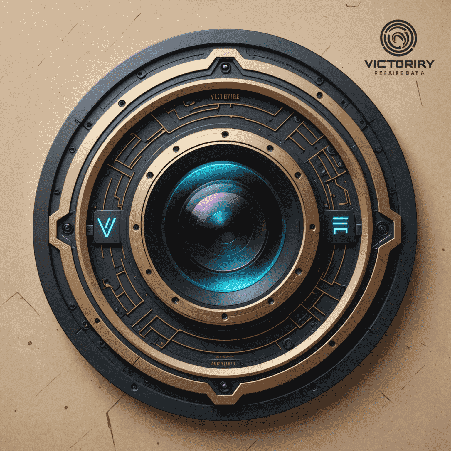 VictoryArenaBets Logo - A futuristic, sleek design incorporating a camera lens and AI circuit patterns