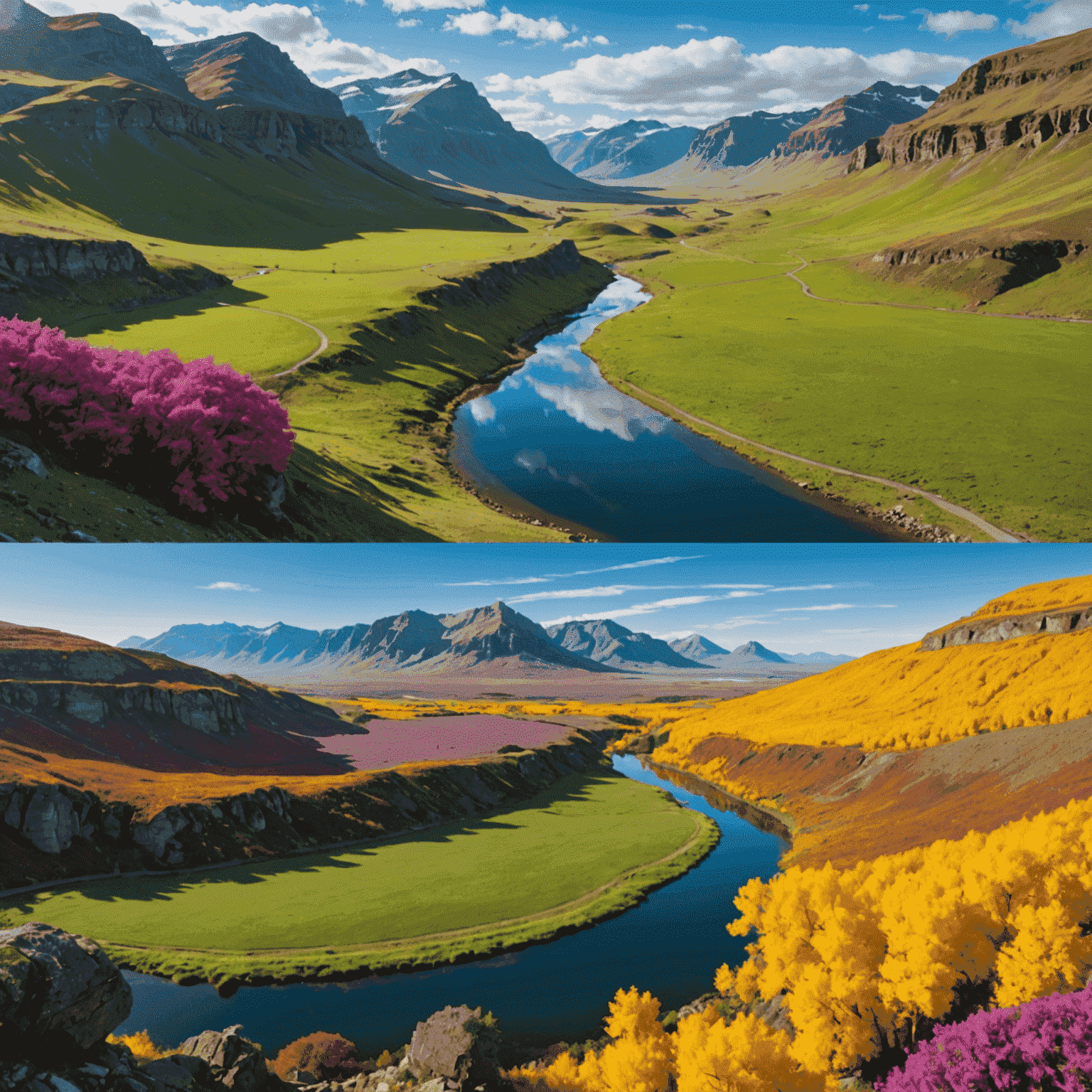 AI photo editing interface showcasing before and after images of a landscape photo, with vibrant colors and enhanced details in the edited version