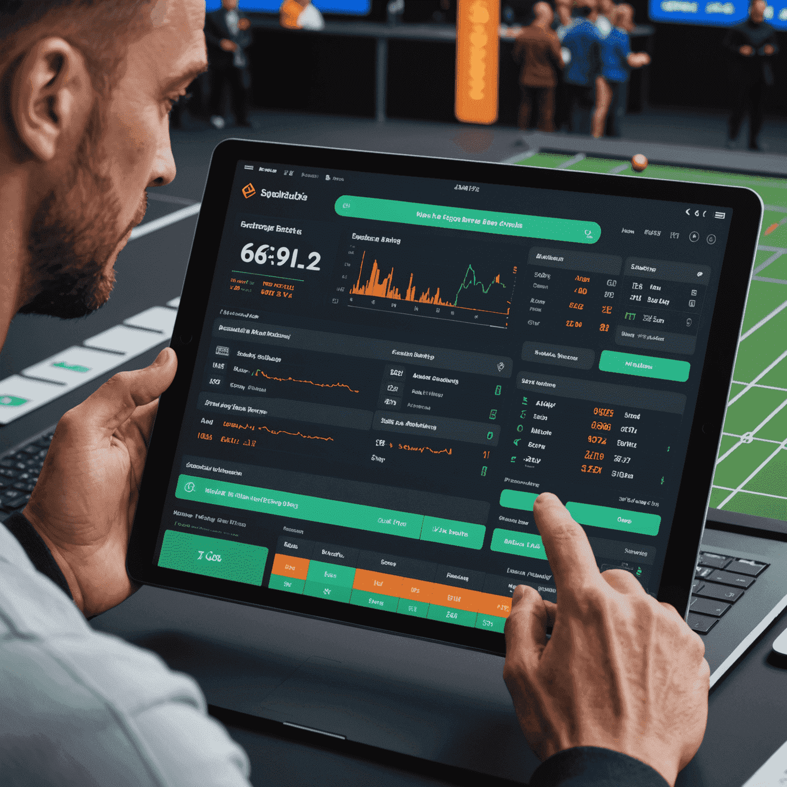 Futuristic interface of an AI-powered sports betting platform, showing live odds and predictive analytics