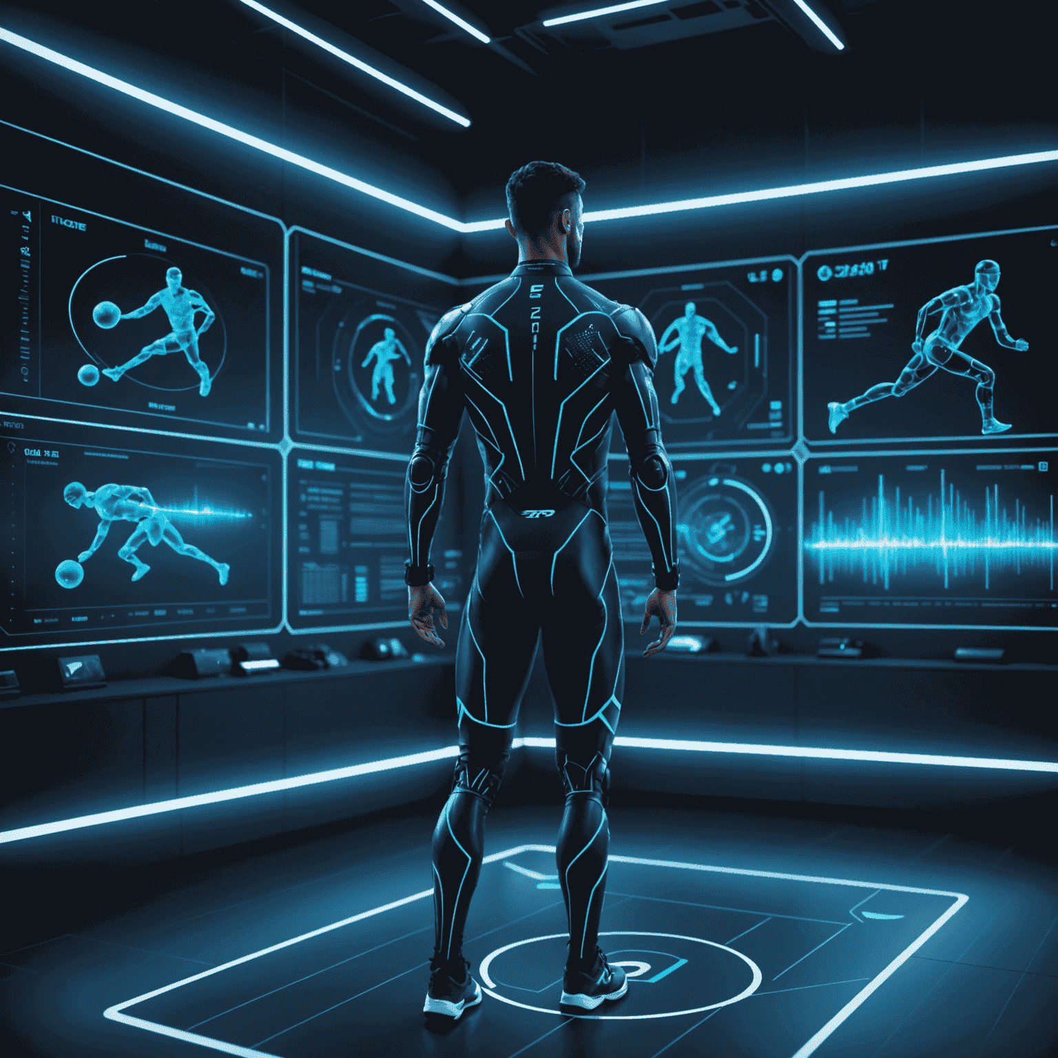 Futuristic AI analyzing sports data with neon blue holographic projections of athletes and statistics