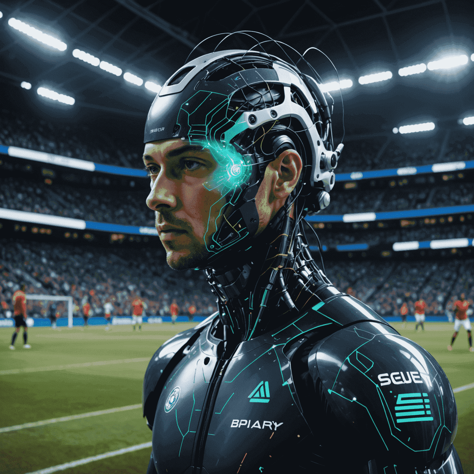 A futuristic representation of AI analyzing sports data, with glowing neural networks overlaid on sports imagery